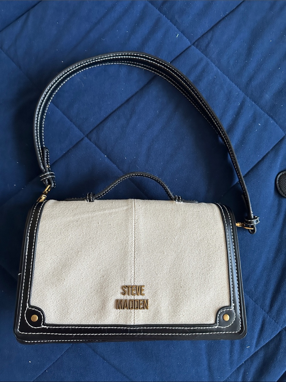 Steve Madden Beige Canvas Shoulder Bag with Black Trim